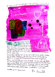 "Gedanken an Isenstedt" / Espelkamp, 22. Januar 2009 / Sprechbild mit Text als Originalgrafik mit Ölkreide, Aquarell und Bleistifttext auf 200-g-Papier / Größe b 35,0 cm * h 50,0 cm / Werkverzeichnis 3.852