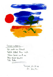 "Sonnenaufgang" / Torrox, den 27.11.2008 / „Sprechbild“ mit Text als Original Grafik mit Aquarellfarben, Bleistift und Text auf Papier / B 21,0 cm * H 29,7 cm / Werkverzeichnis 3.821