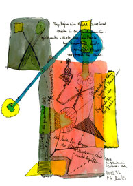 “Multikulturelle Begegnungen”, Werkverzeichnis 963 / datiert Südtirol - Males 30.03.1996 / Text mit farbiger Zeichnung auf Papier / Größe b 21,0 cm * 29,7 cm