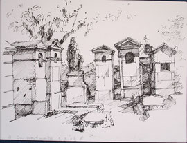 Parijs, Cimetiëre Montmartre, pen en inkt, 2006