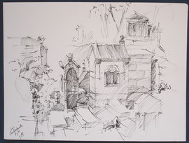 Parijs, Cimetiëre Montmartre, pen en inkt, 2006