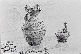 Schenkkan en bakje, Etruskisch, Mus. Ezinge, stift en potlood, 14,5x7,5cm