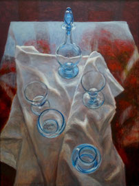 Blauw glaswerk op witte doek, o/a/p, 61x81,5cm