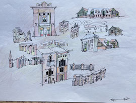 Fantasie architectuurschetsen, stift en kleurpotl., ca 30cm hoog, 1985