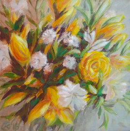 Warm geel boeketje, o/p, 20x20 cm