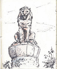 Standbeeld leeuw, Lemelerberg, stift, iets kleur, 7x10cm