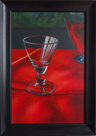 Blauw glaasje op rood, o/p, in lijst, 30x45cm