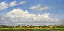 º Zicht op het dorp, met witte wolken, a/p, 30x15cm