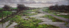 Dijkpad, winter-plassen 2018, o/a/p, 80x34cm