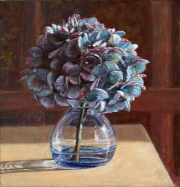 º Hortensia in blauw vaasje, o/a/doek, 20x20cm