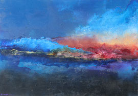 Fire on the Lake, 70x100 cm, technique mixte sur bois.