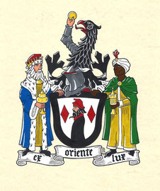 Aufwendiges Wappen Familie K., Aquarellfarben auf marmoriertem Papier