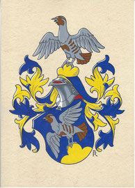 Familie R., Aquarellfarben auf marmoriertem Papier; traditionell feführtes Wappen