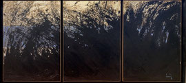 Ce triptyque explore la puissance du geste et la profondeur de la matière. À travers des couches denses de noir et de bruns lumineux, l’artiste crée une surface vibrante où la lumière semble jaillir de l’obscurité. L’œuvre évoque tour à tour une vague, un