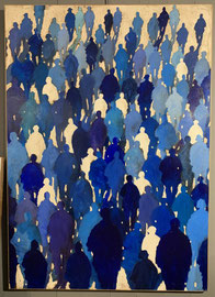 Peinture monumentale de Suire Verley, foule de silhouettes bleues en mouvement, composition abstraite et lumineuse – Galerie Gabel, Biot