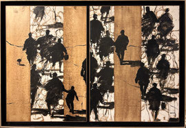 Peinture contemporaine de Suire Verley représentant des silhouettes en mouvement sur fond doré et noir, composition expressive – Galerie Gabel, Biot