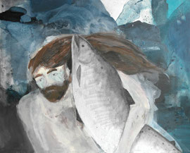 MARIA WINDSCHÜTTEL     FISCHMANN    2014    ACRYL, PASTELS AUF CANVAS  65 x 80 CM