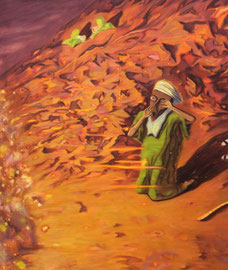 TING ZHANG   BRENNENDER DORNBUSCH  2014  ÖL AUF CANVAS   100 x 70 CM 