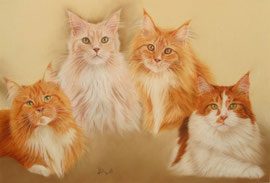 "Benji, Miles, Angie, Kimba", Maine Coons, pastel on pastelmat, 60 x 41 cm, commission