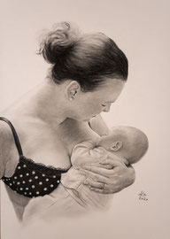 Mother with child, charcoal on Daler Rowney drawing paper, 41 x 46 cm, commission