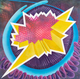 Disco trespass, 2021 / Öl, Acryl, Sprühfarbe auf Leinwand / 100x100 cm 