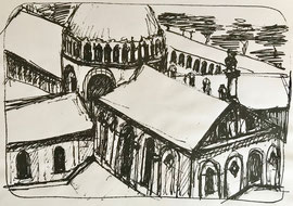 "Looking Down from Leaning Tower of Pisa" - ink sketch 5" x 6"