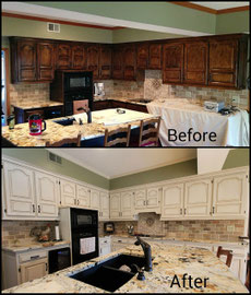 A Kitchen Cabinet refinish by another company that was failing. We saved it with proper preparation, and a classic cream paint with glaze finish, perfect for this kitchen!