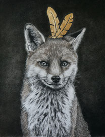 "Jäger des Waldes", Kohle, Goldblatt, 40 x 50 cm, 750 Euro