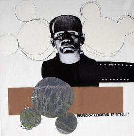 „Inspektor Clouseau ermittelt!“ 50 x 50, Collage auf Leinwand, 2026