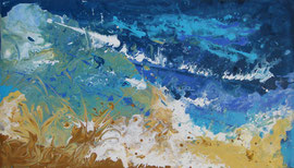 Costa Brava - acrílic pouring sobre fusta - 58 x 33 cm