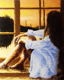 Sentada a la finestra - Oli sobre llenç amb espàtula - 60 x 73 cm