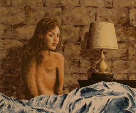 Sentada al llit - Acrílic sobre llenç amb espàtula - 65 x 54 cm