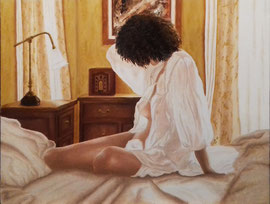 Noia sentada al llit - copia de pintura de Steve Hanks - Oli sobre llenç - 65 x 50 cm