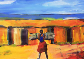 Afrika "Alltagsszene" ((2022). Acryl auf festem Papier 60x80 cm