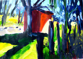 Hütte im Wald (2010). Acryl auf festem Papier 60x80cm