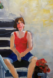 Woman on steps (2023). Acryl auf festem Papier 60x40 cm