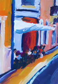 Straßencafe (2014). Acryl auf festem Papier 60x40cm