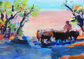 Afrika, Hirte mit Herde (2022). Acryl auf festem Papier 40x60 cm