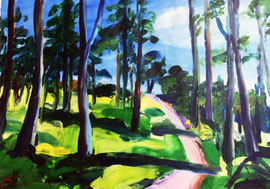 Waldweg 2 (2021). Acryl auf festem Papier 60x80 cm