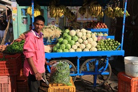 Photo N° 13 : En Inde, fruits et légumes sont vendus dans la rue, avec les mouches, c’est choux non ?