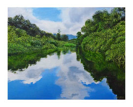 「水のある風景」318×410mm（F6号）パネル、アクリル、油彩　2019年（個人蔵）