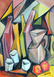 Composizione di oggetti e mele, 2013.  Olio su tela,  cm. 50 x 70.