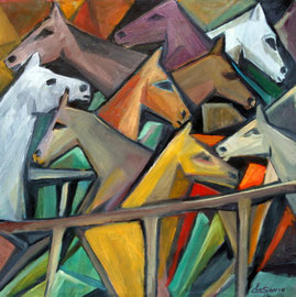 Cavalli nel recinto, 2013. Olio su tela,  cm. 70 x 70.