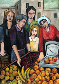 Venditrice di frutta, 2012.  Olio su tela,  cm. 70 x 100.
