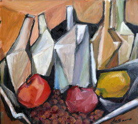 Bottiglie e frutta. 2010.  Olio su legno,  cm. 30 x 30