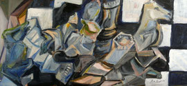 Giochiamo a scacchi, 201. Olio su legno 30 x 80