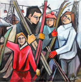 Sciatori, 2012.  Olio su tela,  cm. 70 x 70.