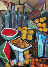 Frutta e bottiglie, 2012.  Olio su tela,  cm. 50 x 70.