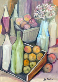 Bottiglie, frutta e fiori, 2013.  Olio su tela, cm. 50 x 70.