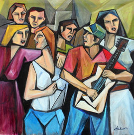 Coro con la chitarra, 2011.  Olio su tela,  cm. 70 x 70.